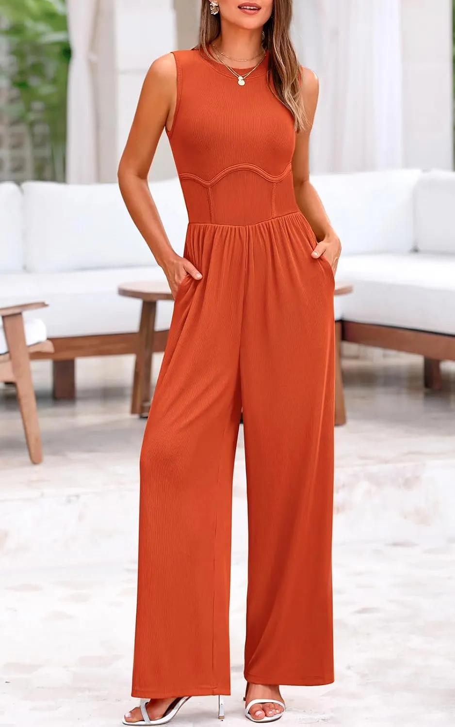 PRETTYGARDEN Women's Summer 2025 Sleeveless One Piece Jumpsuits for Women Dressy Casual Wide Leg Pants Romper with Pockets
