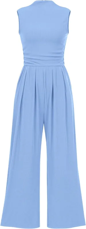 PRETTYGARDEN Womens Summer Jumpsuits Dressy Casual One Piece Outfits Sleeveless Mock Neck Wide Leg Pants Rompers with Pockets