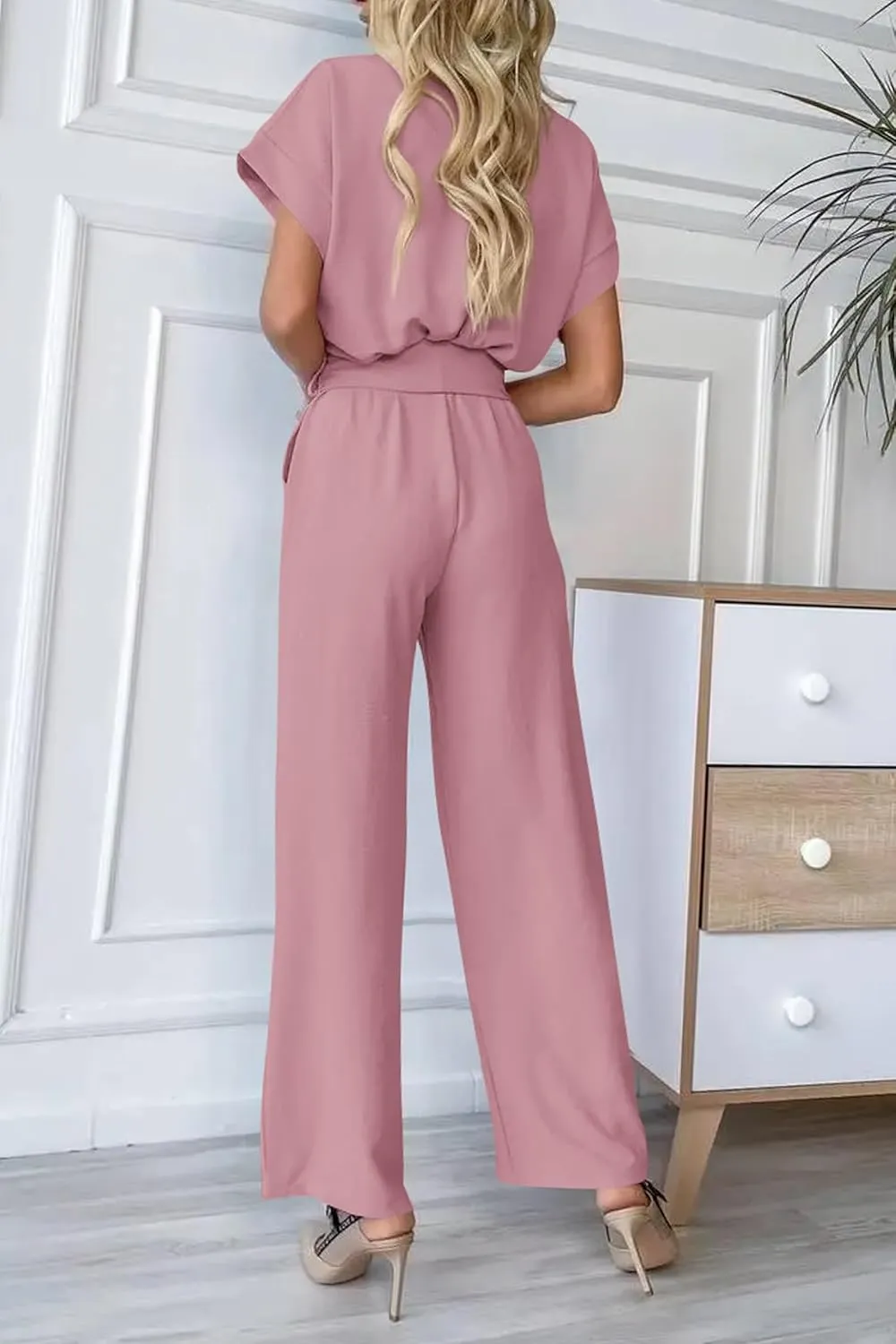PRETTYGARDEN Women's Summer One Piece Jumpsuits Belted Short Sleeve Wrap V Neck Fashion Dressy Casual Wide Leg Pants Romper