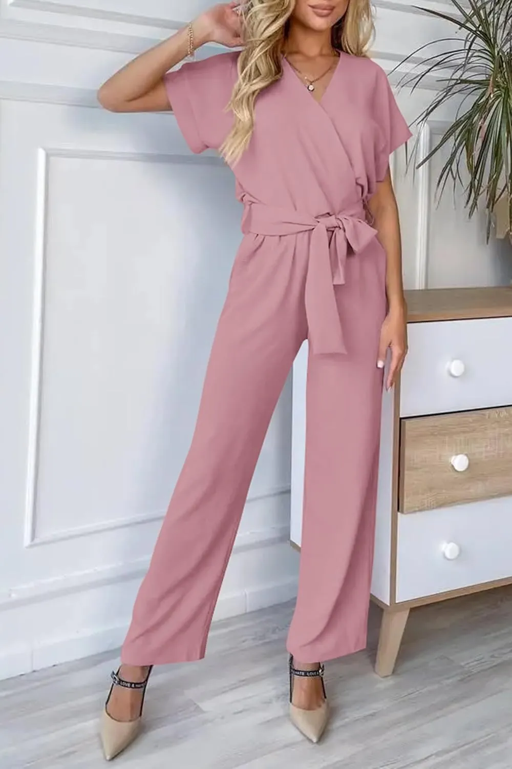 PRETTYGARDEN Women's Summer One Piece Jumpsuits Belted Short Sleeve Wrap V Neck Fashion Dressy Casual Wide Leg Pants Romper