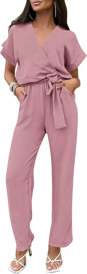 PRETTYGARDEN Women's Summer One Piece Jumpsuits Belted Short Sleeve Wrap V Neck Fashion Dressy Casual Wide Leg Pants Romper