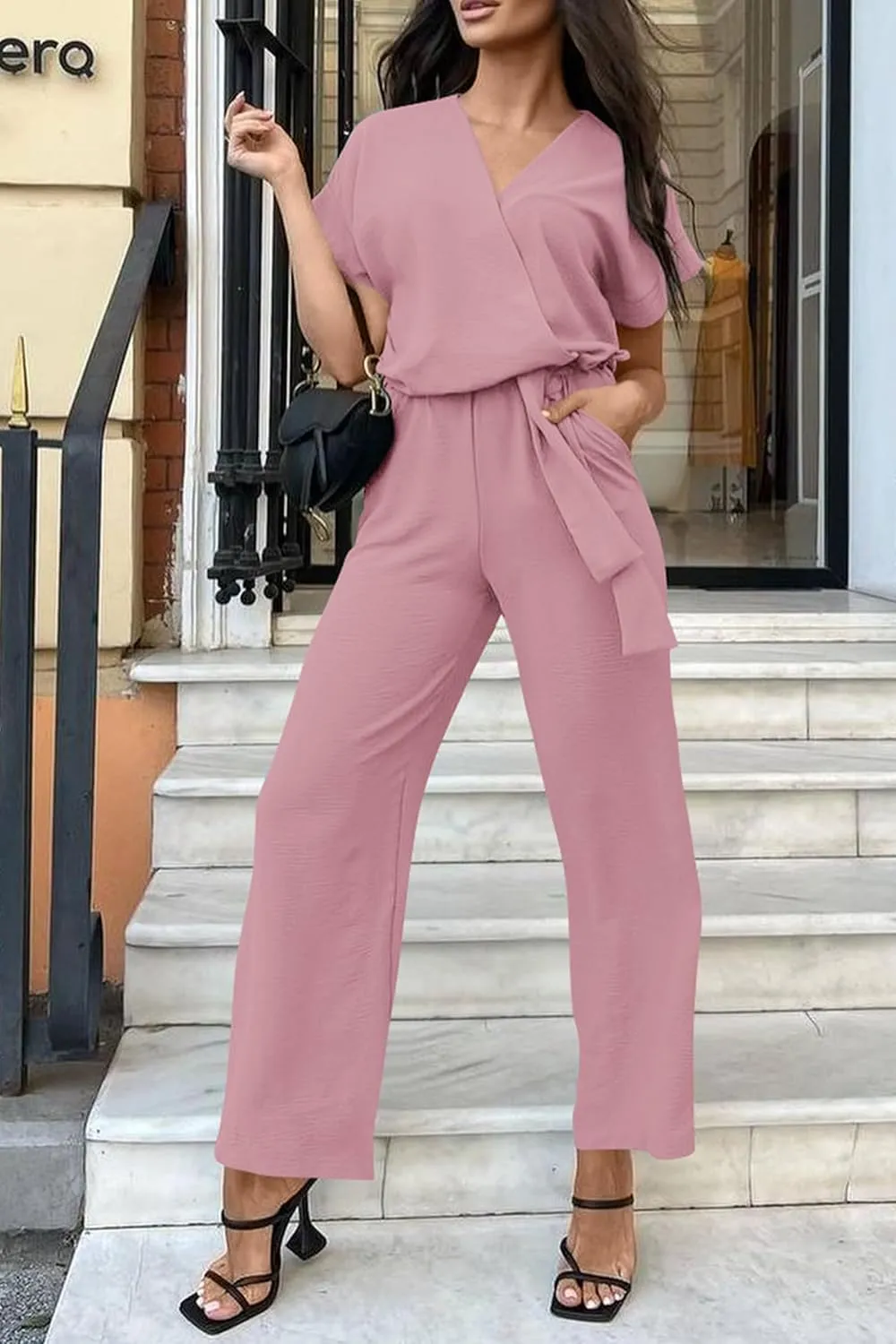 PRETTYGARDEN Women's Summer One Piece Jumpsuits Belted Short Sleeve Wrap V Neck Fashion Dressy Casual Wide Leg Pants Romper