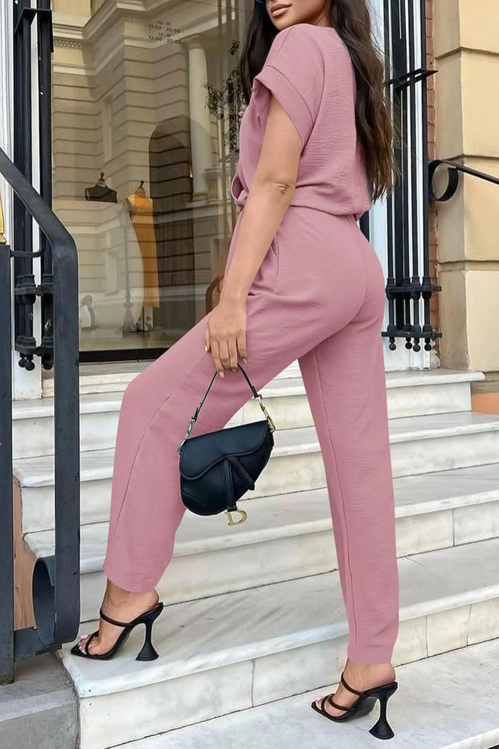 PRETTYGARDEN Women's Summer One Piece Jumpsuits Belted Short Sleeve Wrap V Neck Fashion Dressy Casual Wide Leg Pants Romper