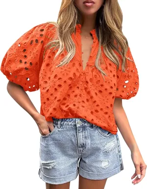 PRETTYGARDEN Women's Summer Short Sleeve Tops 2025 Dressy Casual Buttons V Neck Hollow Out Lace Embroidered Blouses Shirts