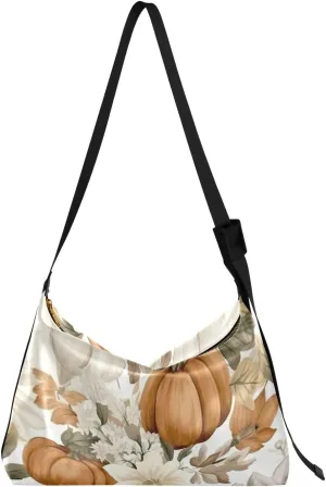 Pumpkins White Flowers Tote Bag for Women Large Hobo Bags Cross Body Purse Leather Hobo Bags with Adjustable Strap for School Girl