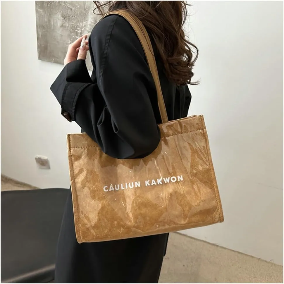 PVC Tote Bag Women Clear Trendy Totes Bags Plastic Carry All Bag Kraft Paper Hobo Shoulder Handbag for Work Travel