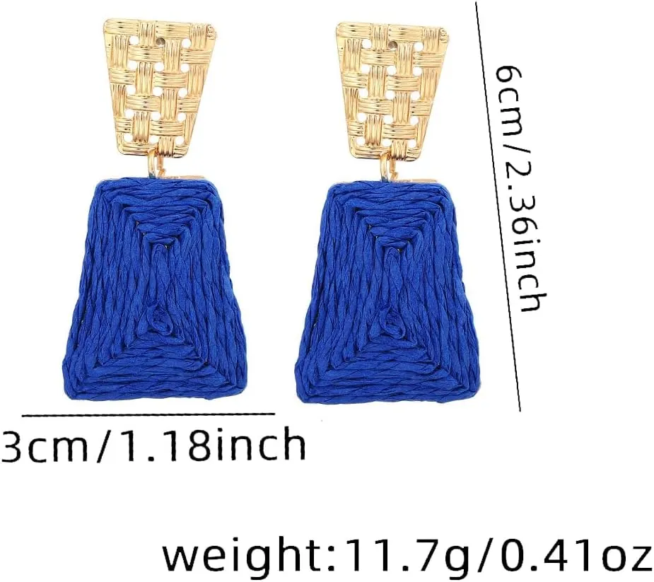 Raffia Earrings for Women Bohemian Style Geometric Square Drop Dangle Earrings Vintage Handmade Braided Lafite Grass Earrings Personalized Statement Earrings Boho Hawaiian Beach Charm Jewelry for Women
