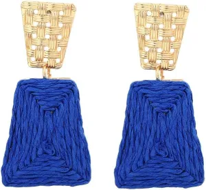 Raffia Earrings for Women Bohemian Style Geometric Square Drop Dangle Earrings Vintage Handmade Braided Lafite Grass Earrings Personalized Statement Earrings Boho Hawaiian Beach Charm Jewelry for Women
