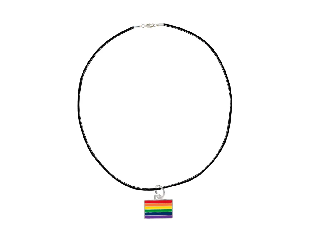 Rainbow Rectangle Flag Black Cord Necklaces