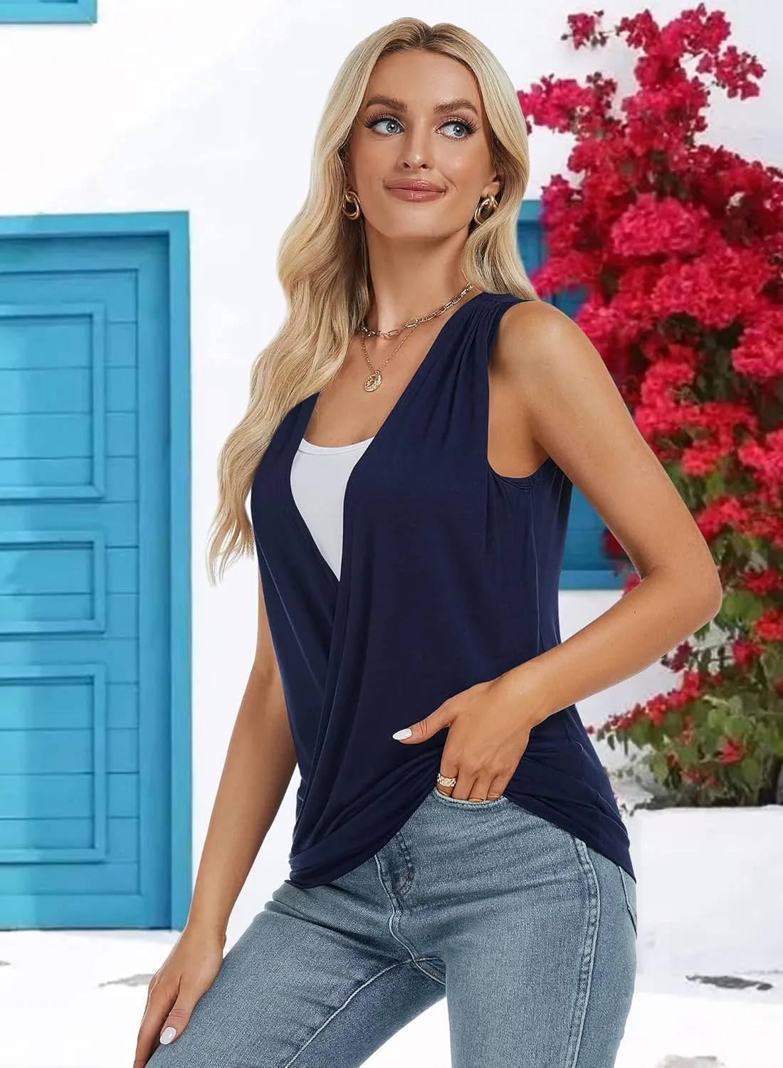RANPHEE Womens Summer Casual Sleeveless Hide Belly Fat Banded Bottom Wrap Tops T-Shirts