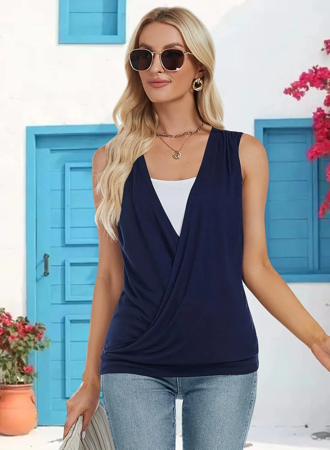 RANPHEE Womens Summer Casual Sleeveless Hide Belly Fat Banded Bottom Wrap Tops T-Shirts