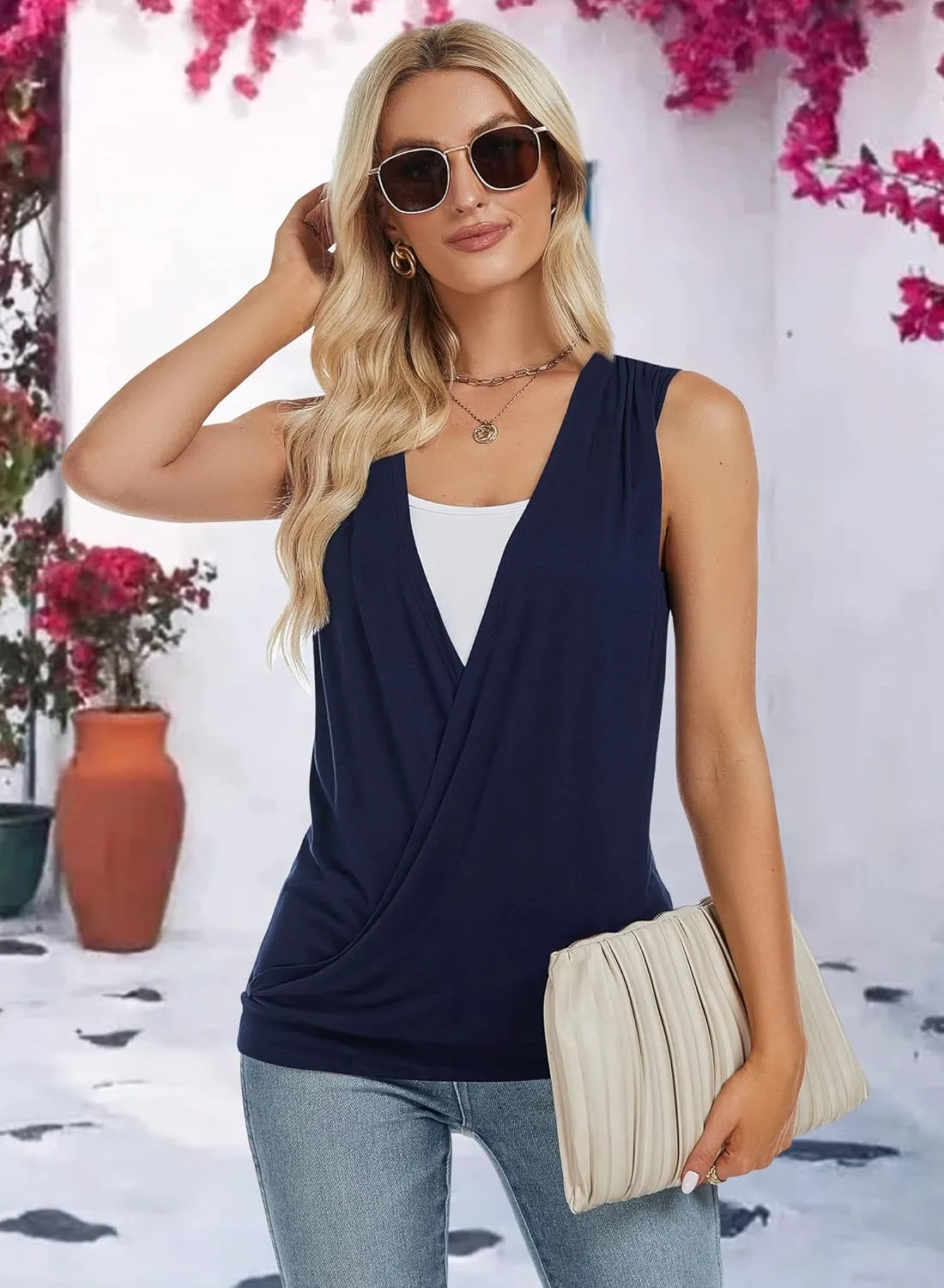 RANPHEE Womens Summer Casual Sleeveless Hide Belly Fat Banded Bottom Wrap Tops T-Shirts