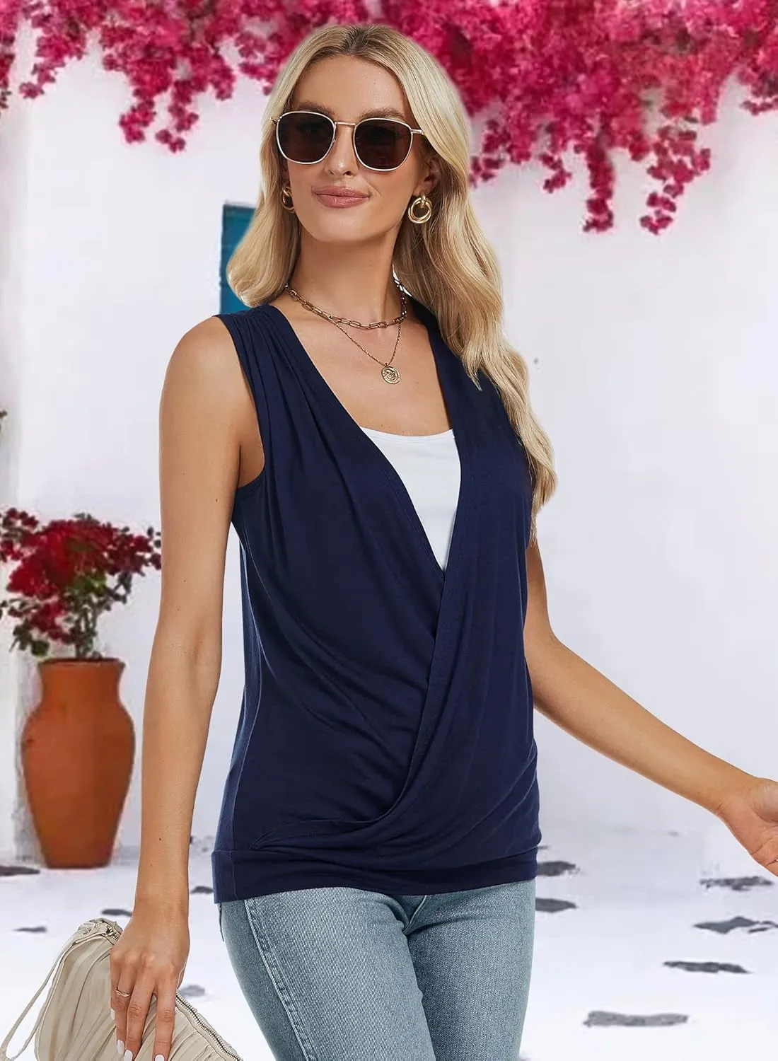 RANPHEE Womens Summer Casual Sleeveless Hide Belly Fat Banded Bottom Wrap Tops T-Shirts