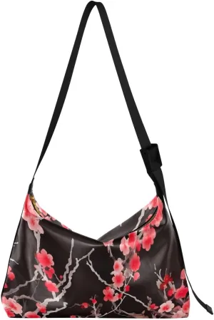 Red Plum Flowers Tote Bag for Women Large Hobo Bags Cross Body Purse Leather Hobo Bags with Adjustable Strap for School Girl