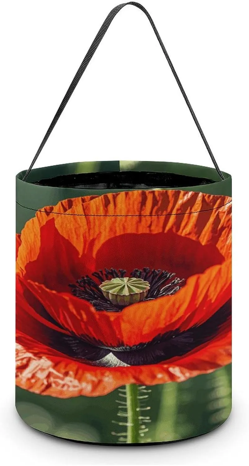 Red Poppy Flower Halloween Tote Candy Bag Candy Basket Candy Bucket Gift Bag for Halloween Party