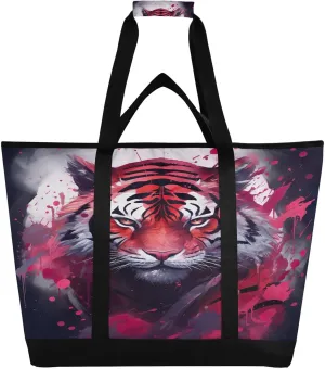 Red Tigers Tote Bag for Women with Zipper Reusable Grocery Bags Foldable Insulated Cooler Bag Totes Shopping Bags Handbags for Groceries Beach Picnic Travel Work