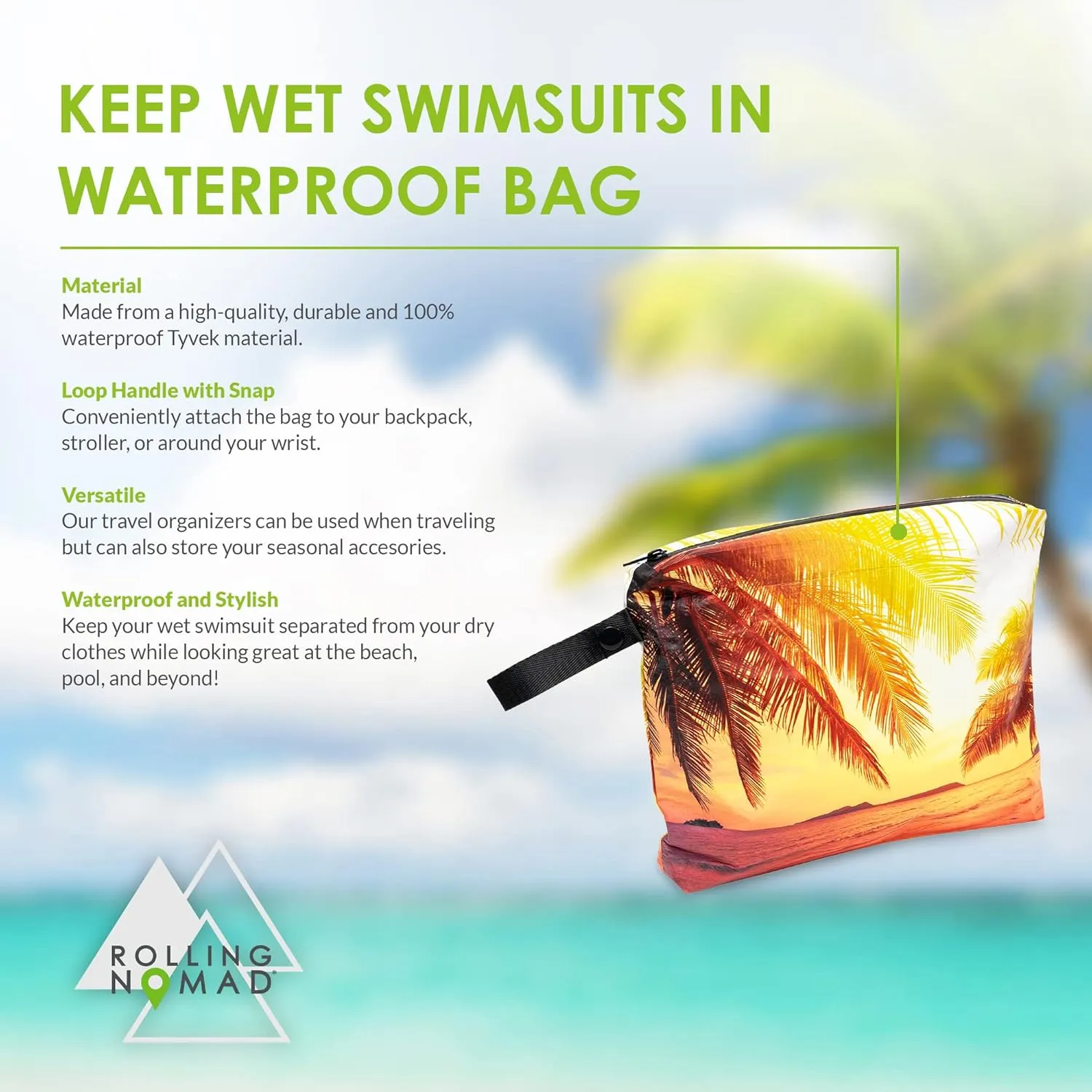 Rolling Nomad Tyvek Zippered Pouch, Wet Bikini Bag, Travel, Toiletry, Pool, Beach Essential, Waterproof, Summer Must Haves, 11.5x8.5x2 (Medium)
