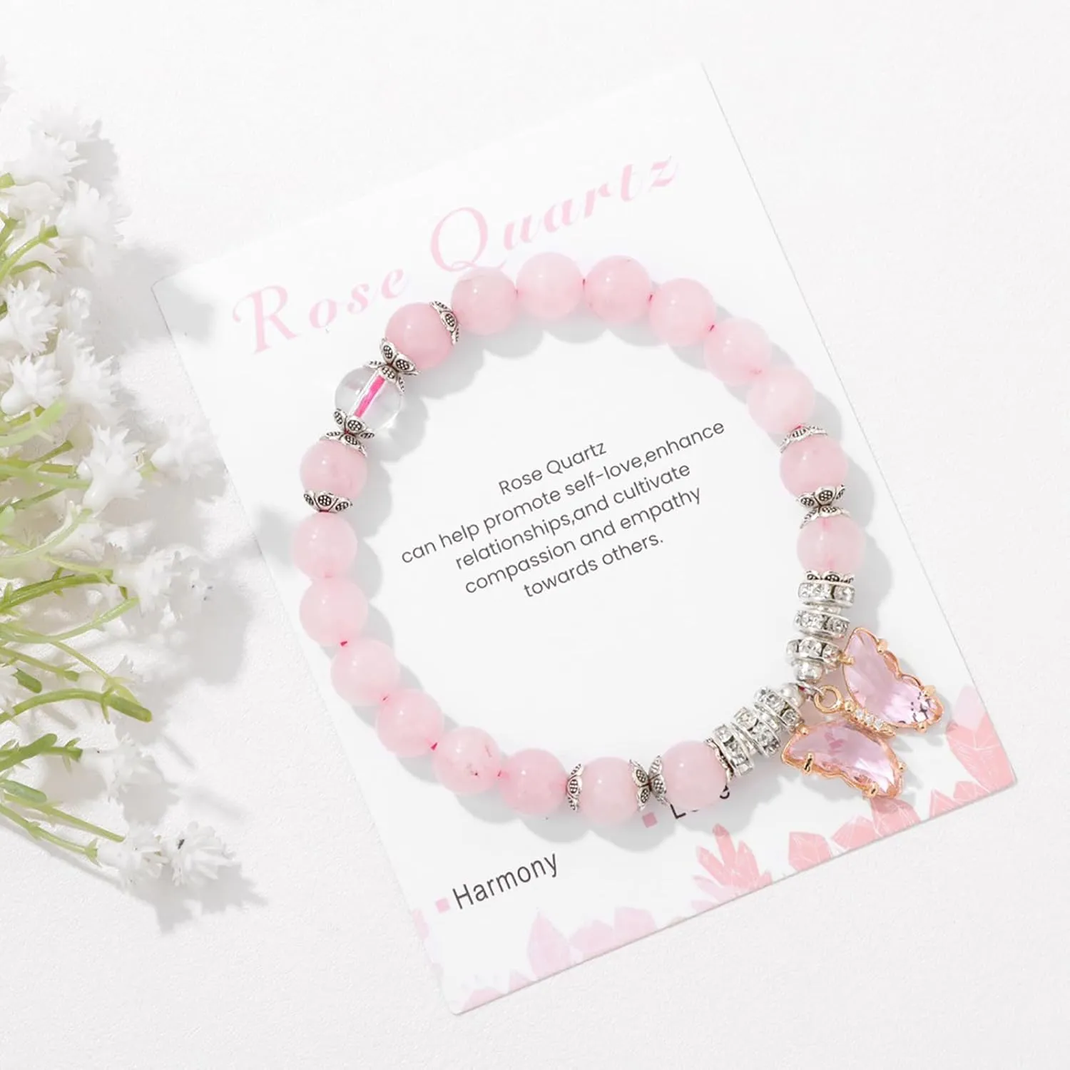 Rose Quartz Bracelet for Women 8mm Adjustable Butterfly Charm Bracelet Crystals and Healing Stones Bracelets Gemstone Bracelets Butterfly Bracelets Rose Quartz Jewelry for Women