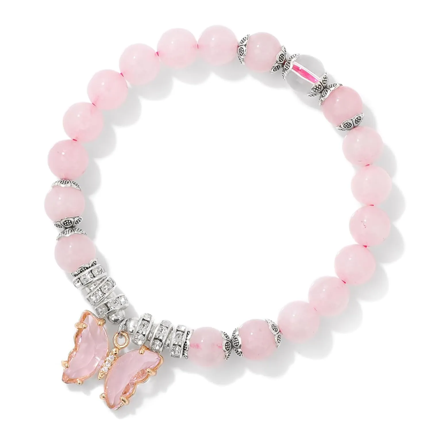 Rose Quartz Bracelet for Women 8mm Adjustable Butterfly Charm Bracelet Crystals and Healing Stones Bracelets Gemstone Bracelets Butterfly Bracelets Rose Quartz Jewelry for Women