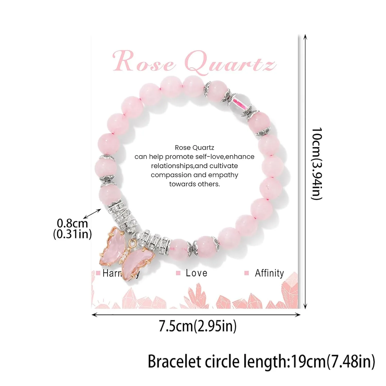 Rose Quartz Bracelet for Women 8mm Adjustable Butterfly Charm Bracelet Crystals and Healing Stones Bracelets Gemstone Bracelets Butterfly Bracelets Rose Quartz Jewelry for Women