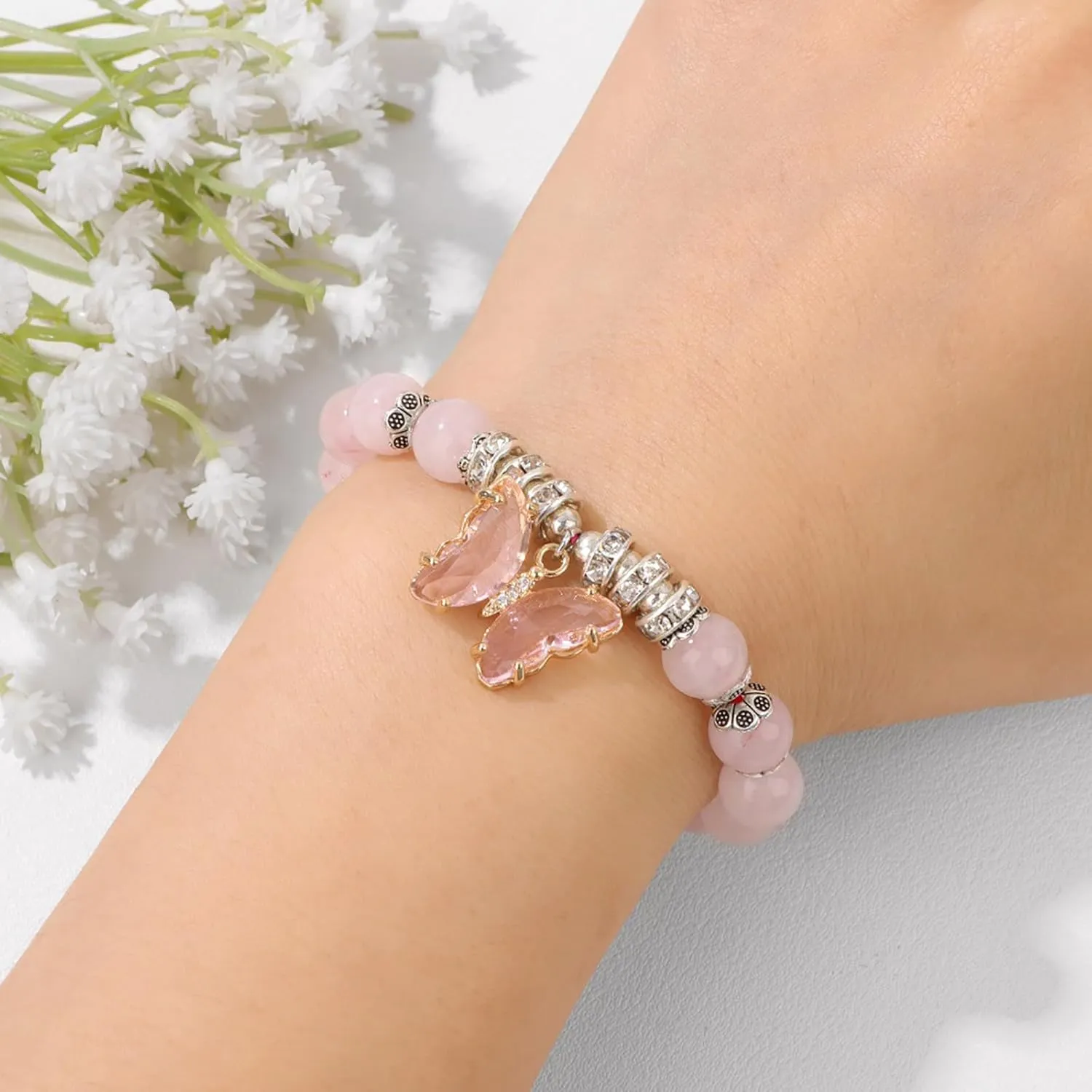 Rose Quartz Bracelet for Women 8mm Adjustable Butterfly Charm Bracelet Crystals and Healing Stones Bracelets Gemstone Bracelets Butterfly Bracelets Rose Quartz Jewelry for Women
