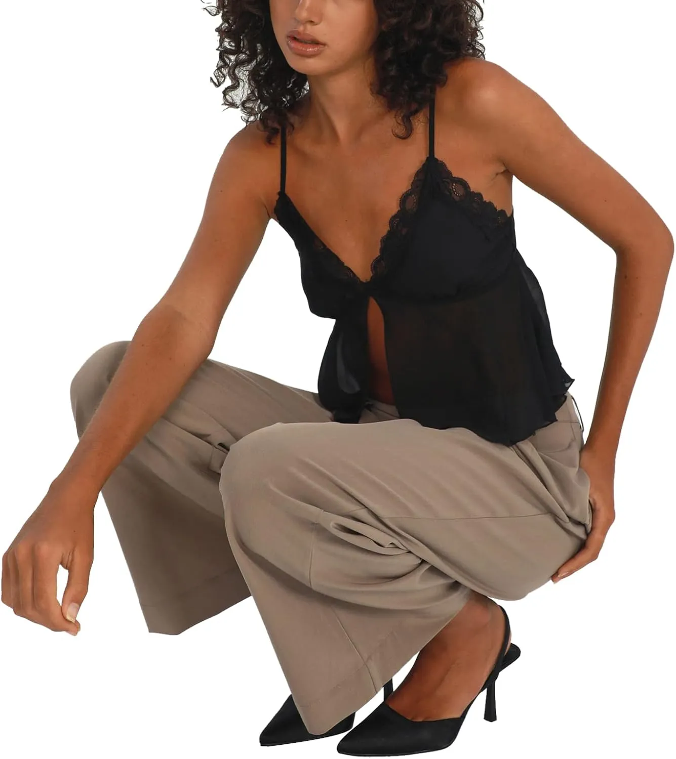 RUEWEY Women's Summer Tie Up Camisole Tops Lace Sleeveless V Neck Irregular Ruffle Bustier Tops Crop Tops