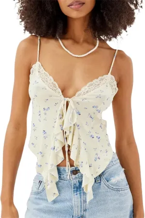 RUEWEY Women's Summer Tie Up Camisole Tops Lace Sleeveless V Neck Irregular Ruffle Bustier Tops Crop Tops