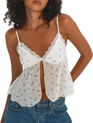 RUEWEY Women's Summer Tie Up Camisole Tops Lace Sleeveless V Neck Irregular Ruffle Bustier Tops Crop Tops