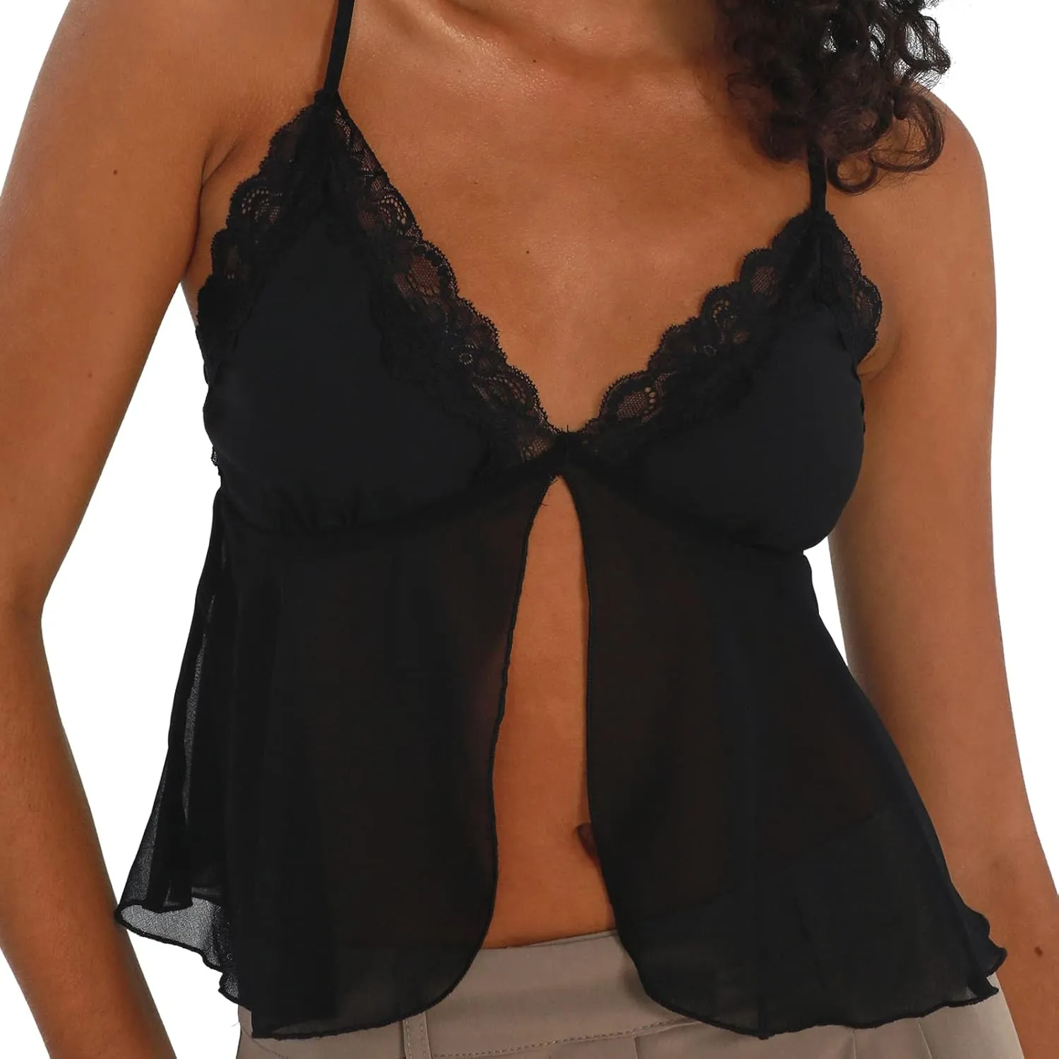 RUEWEY Women's Summer Tie Up Camisole Tops Lace Sleeveless V Neck Irregular Ruffle Bustier Tops Crop Tops