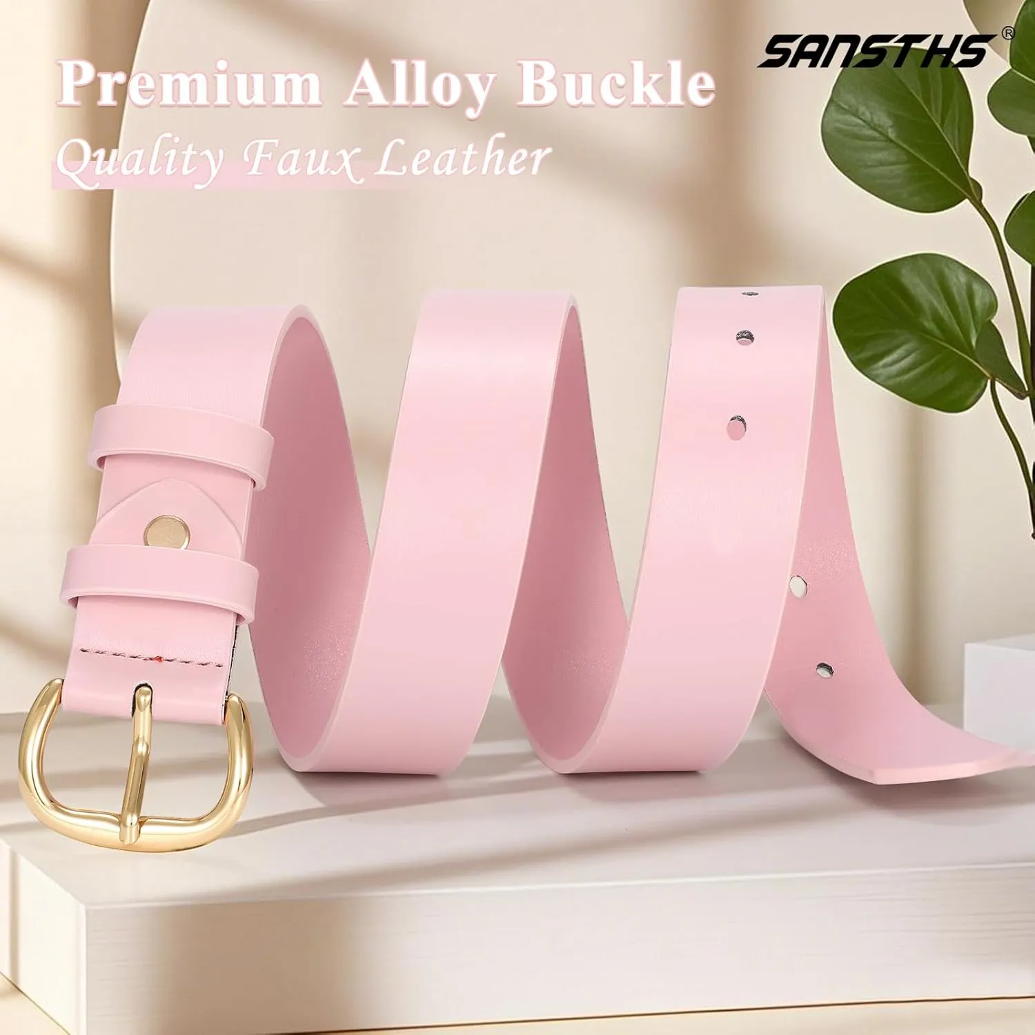 SANSTHS Women Leather Belt for Jeans Pants Dresses Black Ladies Waist Belt with Black Buckle