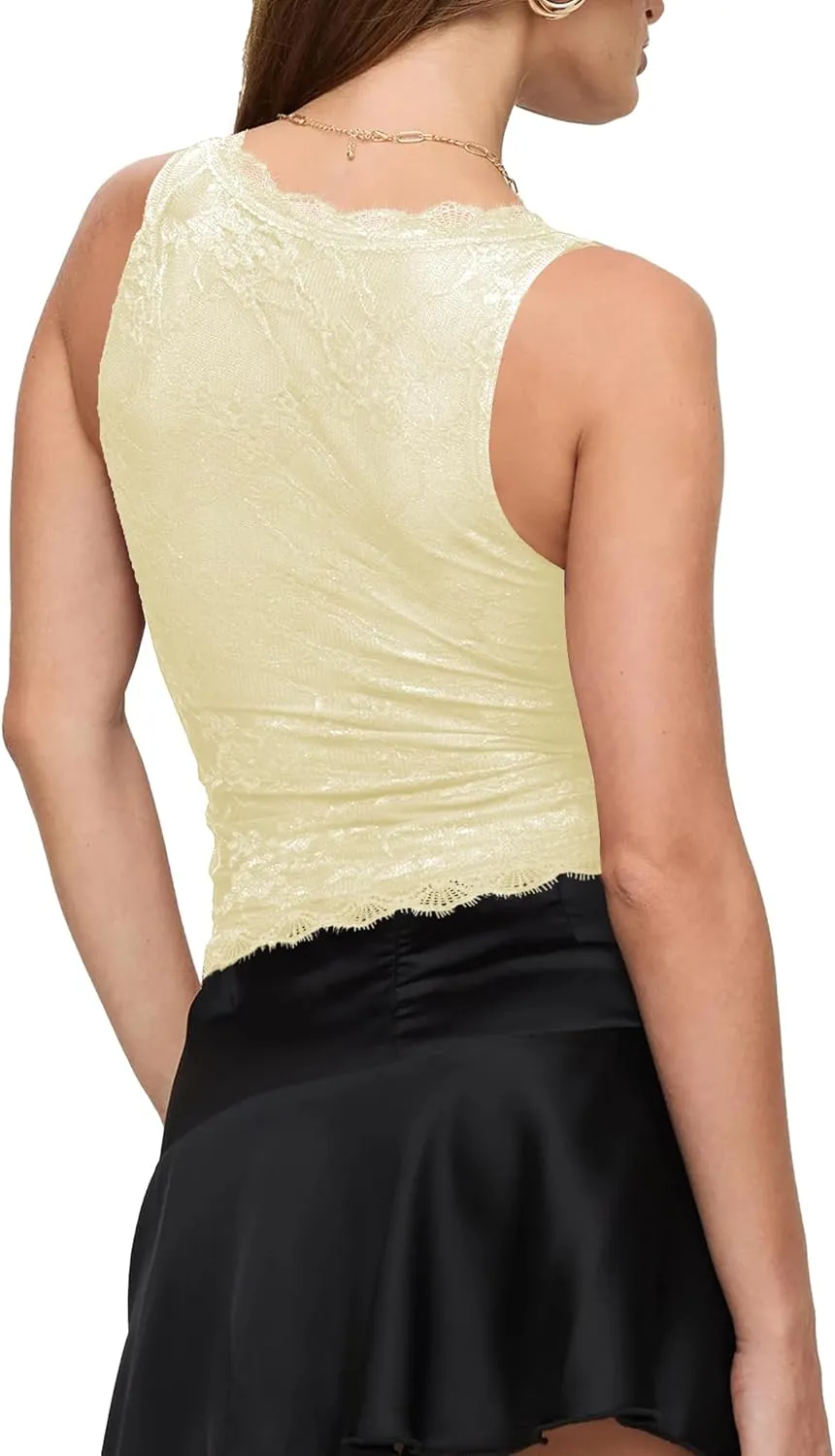 SAUNGKUAI Lace Going Out Tops for Women: V Neck Sleeveless Double Lined Y2K Tank Top Summer Outfits