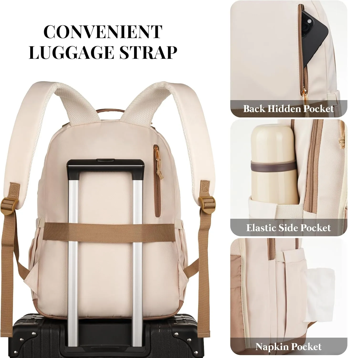 School Backpack for Teens Girls, Aesthetic College Backpack Large Bookbag for Women Students Fashion 15.6 Inch Laptop Bag for Work Travel (Khaki Beige)