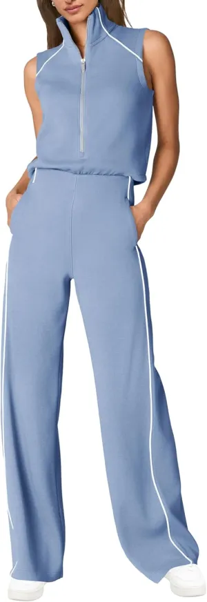 SENSERISE Womens Summer Jumpsuits Dressy Casual Sleeveless Mock Neck Top Wide Leg Pants Romper with Pockets