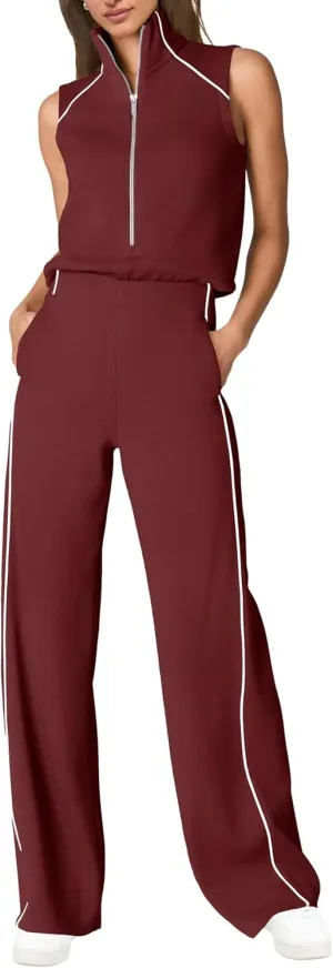 SENSERISE Womens Summer Jumpsuits Dressy Casual Sleeveless Mock Neck Top Wide Leg Pants Romper with Pockets