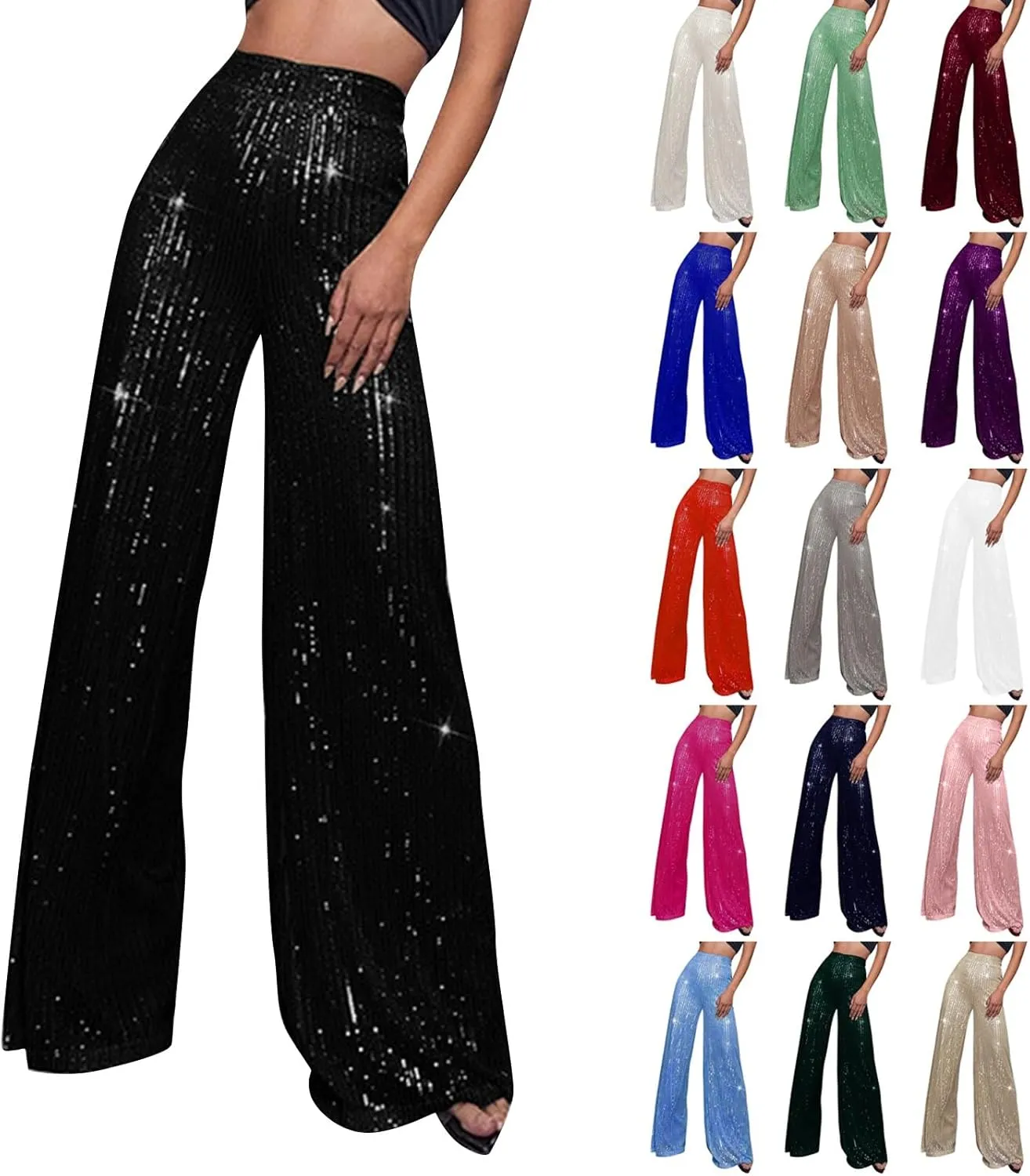 Sequin Pant for Women,2024 Spring Sparkly Glitter High Waist Wide Leg Palazzo Pant Party Club Trouser Bling Legging