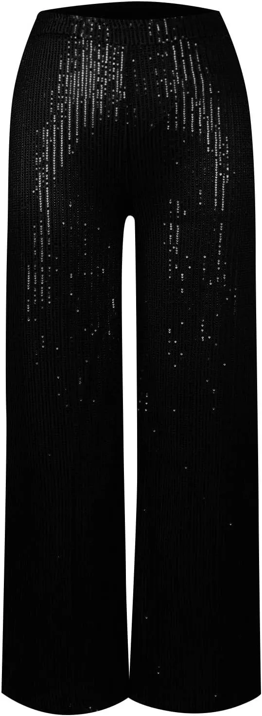 Sequin Pant for Women,2024 Spring Sparkly Glitter High Waist Wide Leg Palazzo Pant Party Club Trouser Bling Legging