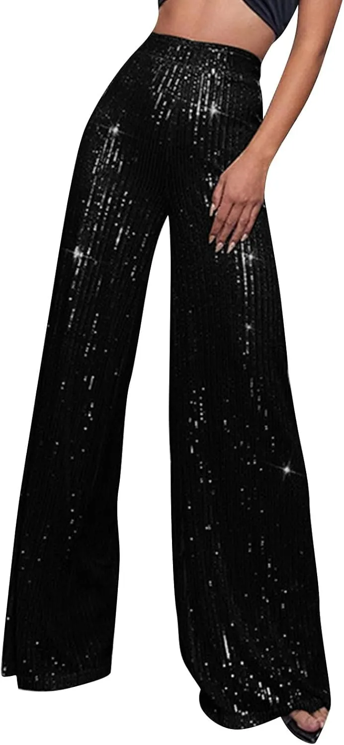 Sequin Pant for Women,2024 Spring Sparkly Glitter High Waist Wide Leg Palazzo Pant Party Club Trouser Bling Legging