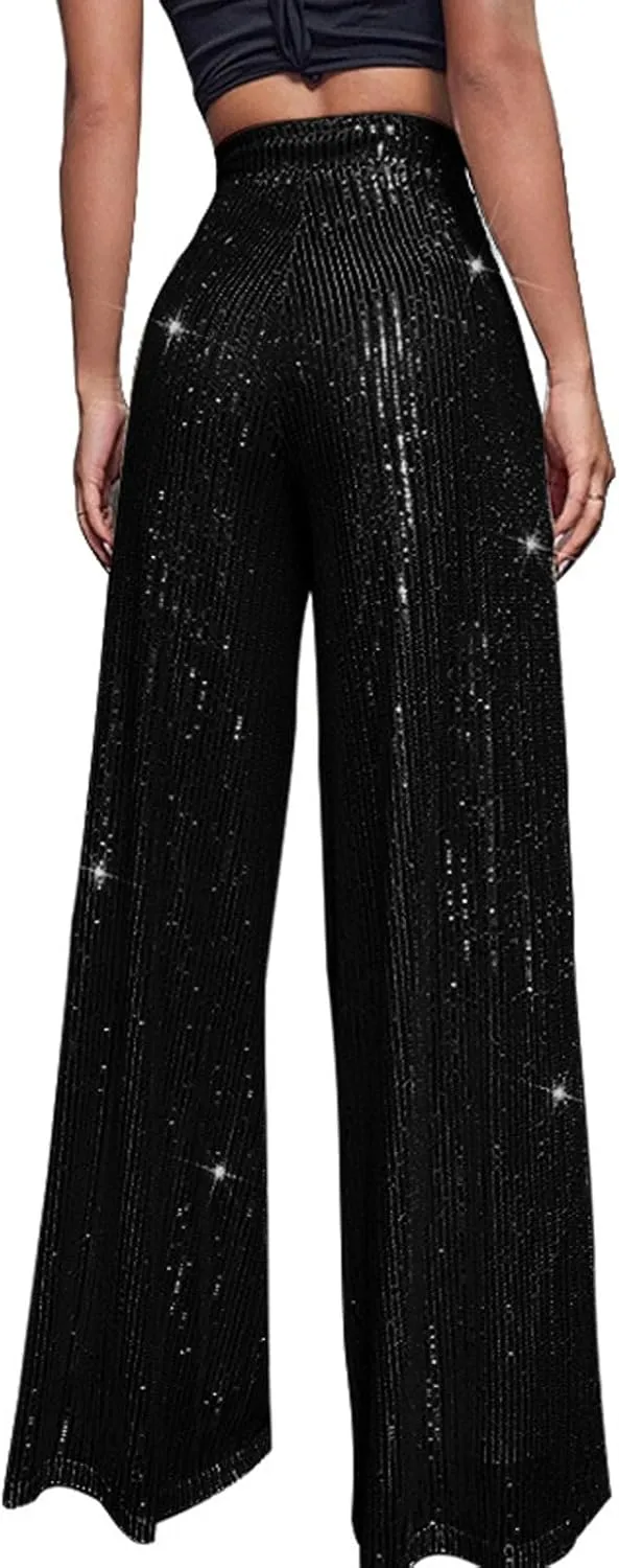 Sequin Pant for Women,2024 Spring Sparkly Glitter High Waist Wide Leg Palazzo Pant Party Club Trouser Bling Legging