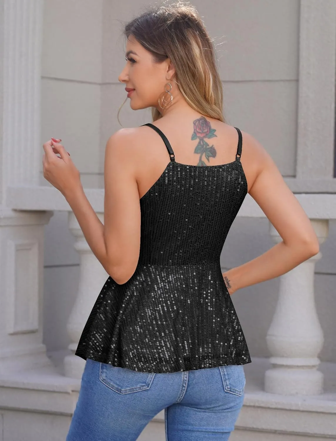Sequin Tops for Women Casual V Neck Strappy Sparkle Tanks Tops Shimmer Camisole Tops Sleeveless Party Club Cami Vest Shirts