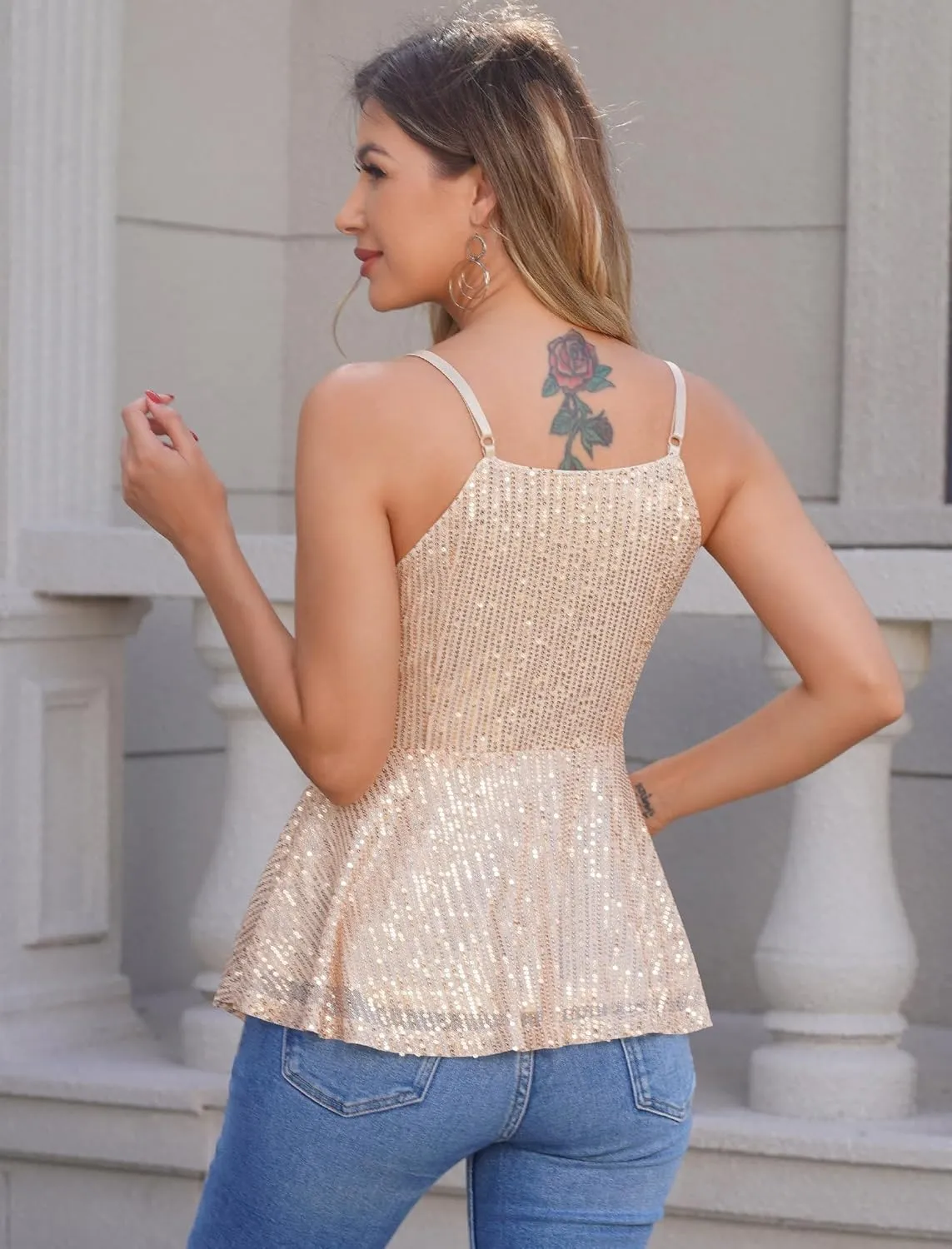 Sequin Tops for Women Casual V Neck Strappy Sparkle Tanks Tops Shimmer Camisole Tops Sleeveless Party Club Cami Vest Shirts