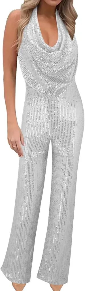 Sexy Halter Cowl Neck Sparkly Jumpsuits for Women Clubwear Sleeveless Elegant Sequins Bodycon Wide Leg Pants Rompers