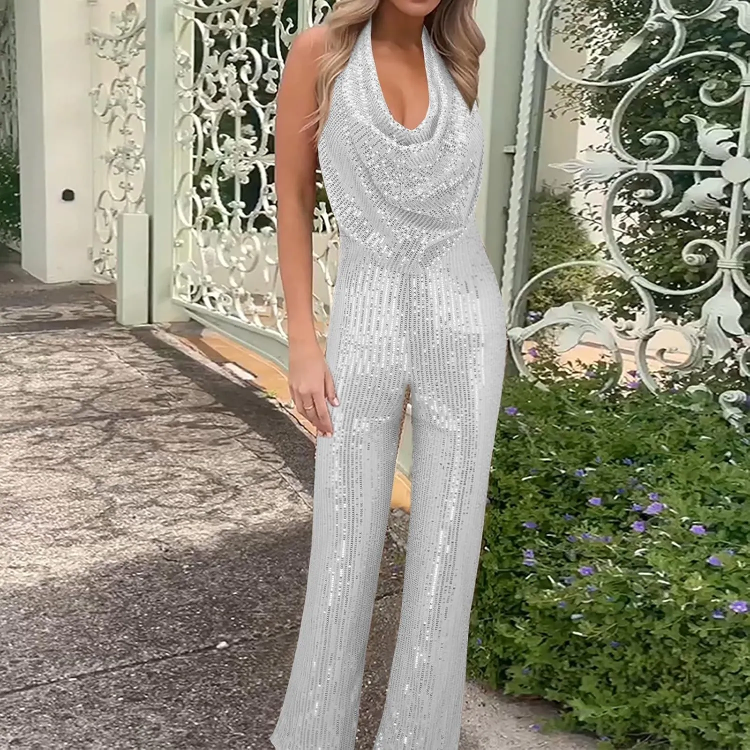 Sexy Halter Cowl Neck Sparkly Jumpsuits for Women Clubwear Sleeveless Elegant Sequins Bodycon Wide Leg Pants Rompers