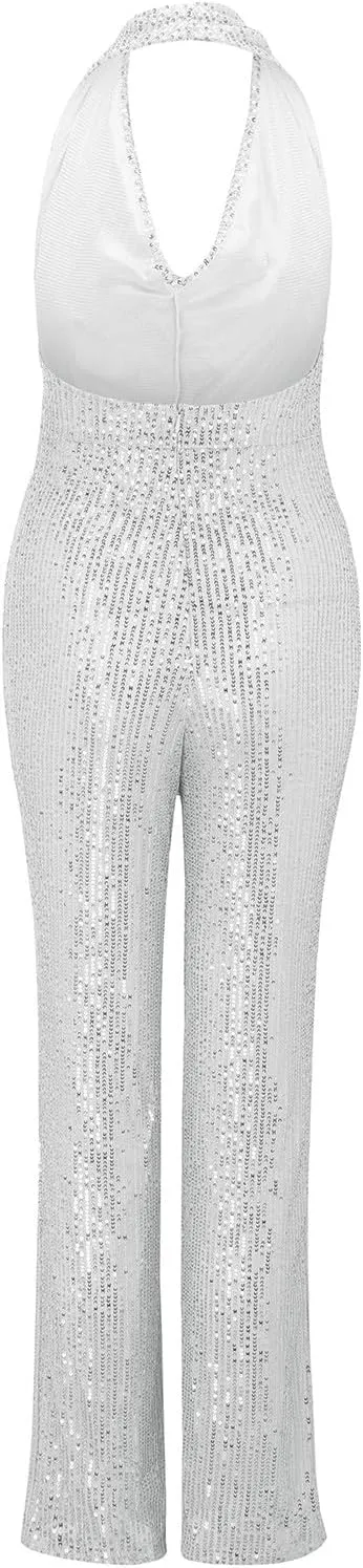 Sexy Halter Cowl Neck Sparkly Jumpsuits for Women Clubwear Sleeveless Elegant Sequins Bodycon Wide Leg Pants Rompers