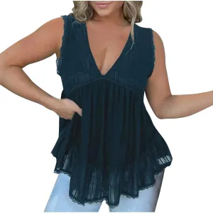 Sexy Lace Tank Tops for Women Casual Summer Solid Color V Nedk Sleeveless Vest Plus Size Flowy Hem Outdoor Camisole