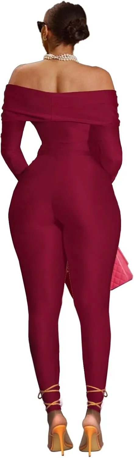 Sexy Long Sleeve Jumpsuit for Women, Twsit Knot Cut Out Bodycon Night Club Off the Shoulder Outfits