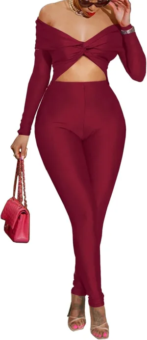 Sexy Long Sleeve Jumpsuit for Women, Twsit Knot Cut Out Bodycon Night Club Off the Shoulder Outfits