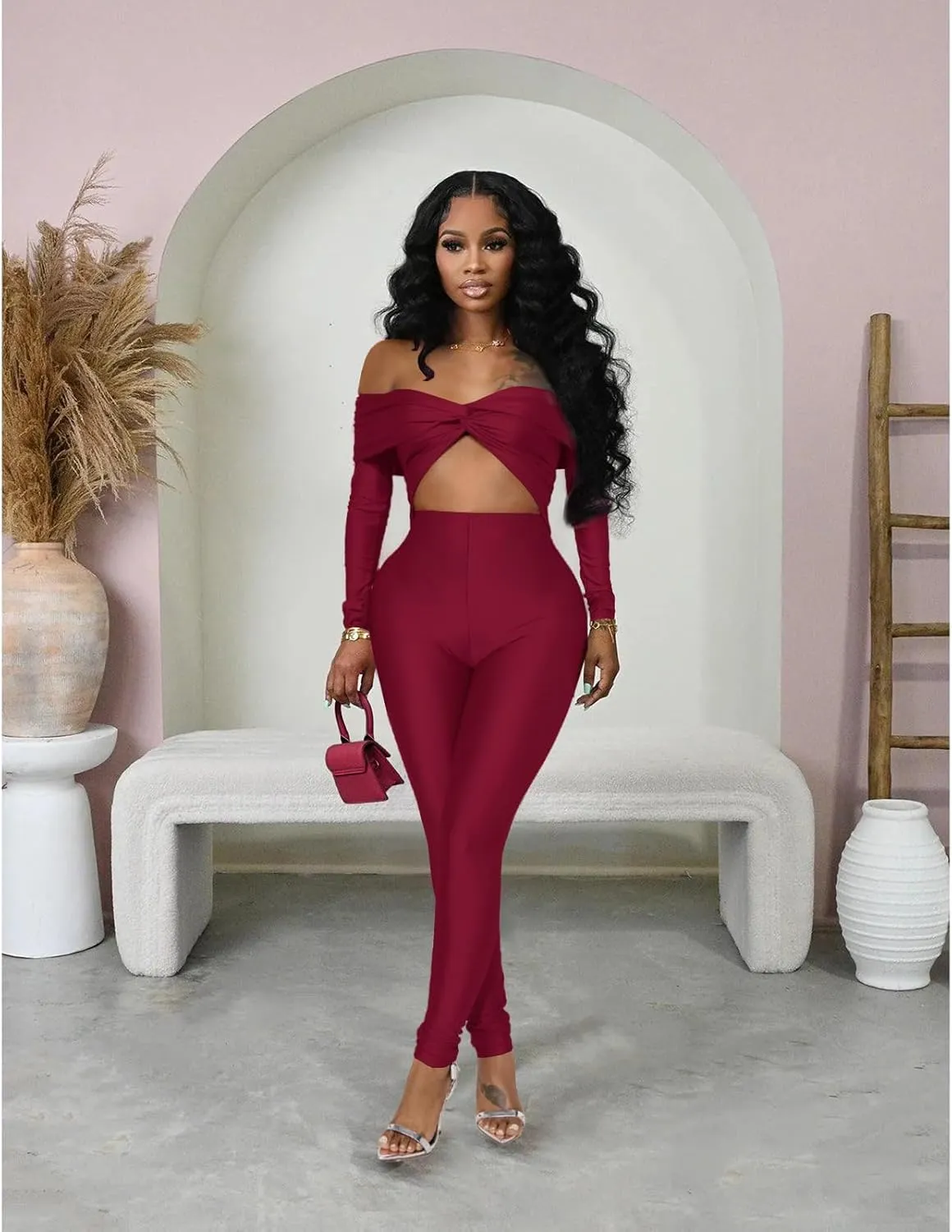 Sexy Long Sleeve Jumpsuit for Women, Twsit Knot Cut Out Bodycon Night Club Off the Shoulder Outfits