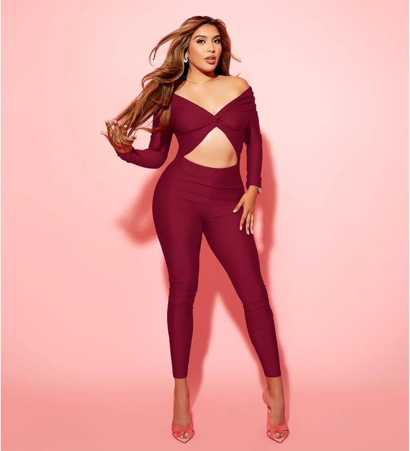 Sexy Long Sleeve Jumpsuit for Women, Twsit Knot Cut Out Bodycon Night Club Off the Shoulder Outfits