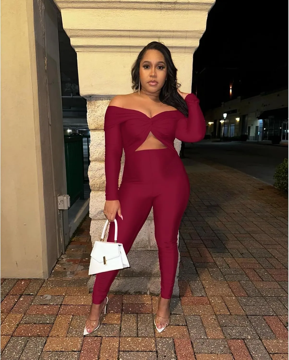 Sexy Long Sleeve Jumpsuit for Women, Twsit Knot Cut Out Bodycon Night Club Off the Shoulder Outfits