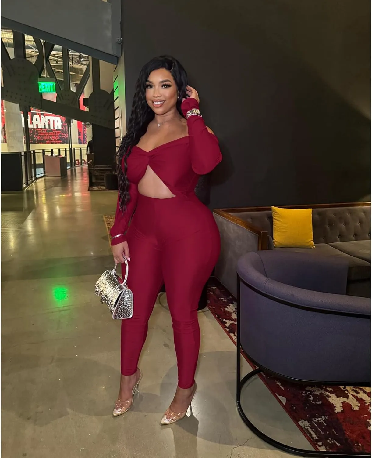 Sexy Long Sleeve Jumpsuit for Women, Twsit Knot Cut Out Bodycon Night Club Off the Shoulder Outfits